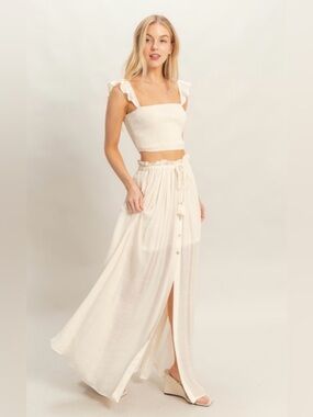 273. Smocked Top Cream Maxi Button-Front Skirt set